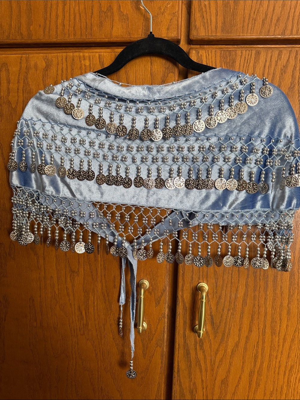 Baby blue velvet Silver Coin Fringe Hip Scarf Belly Dance Shawl